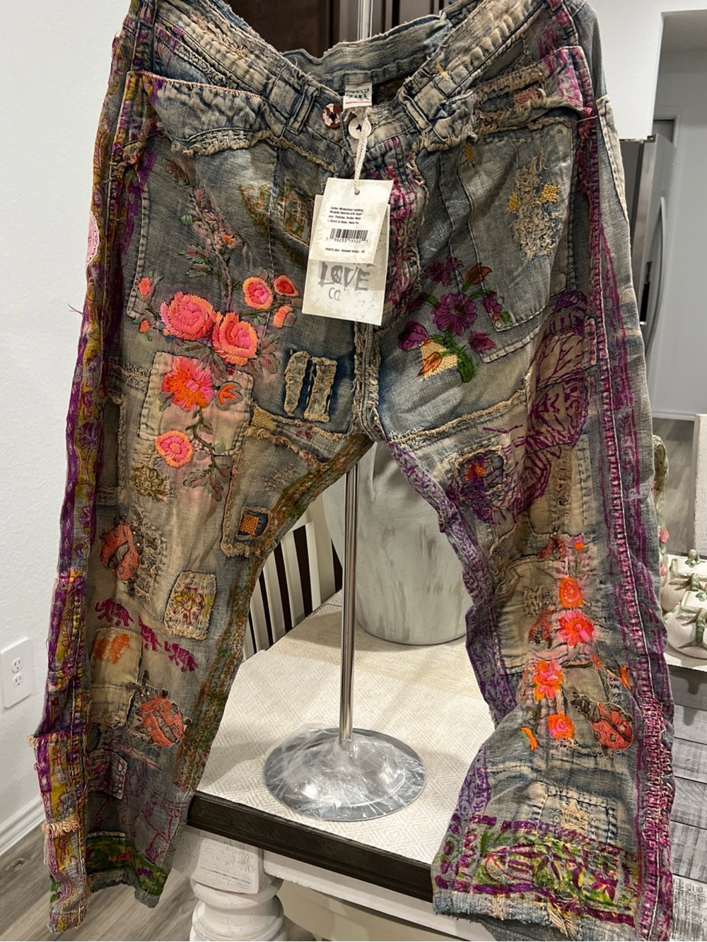 Magnolia Pearl Gray Denim Wide-Leg Jeans with Pink & Orange Embroidery